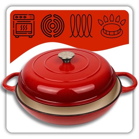 EMALIOWANY GARNEK ŻELIWNY PŁASKI 30cm 3L HAGE CZERWONY