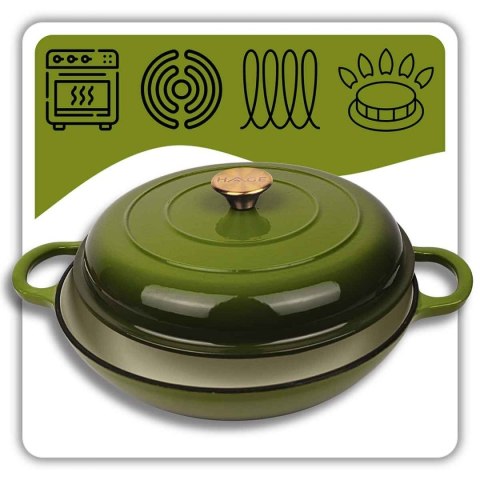 EMALIOWANY GARNEK ŻELIWNY PŁASKI 30cm 3L HAGE OLIWKOWY